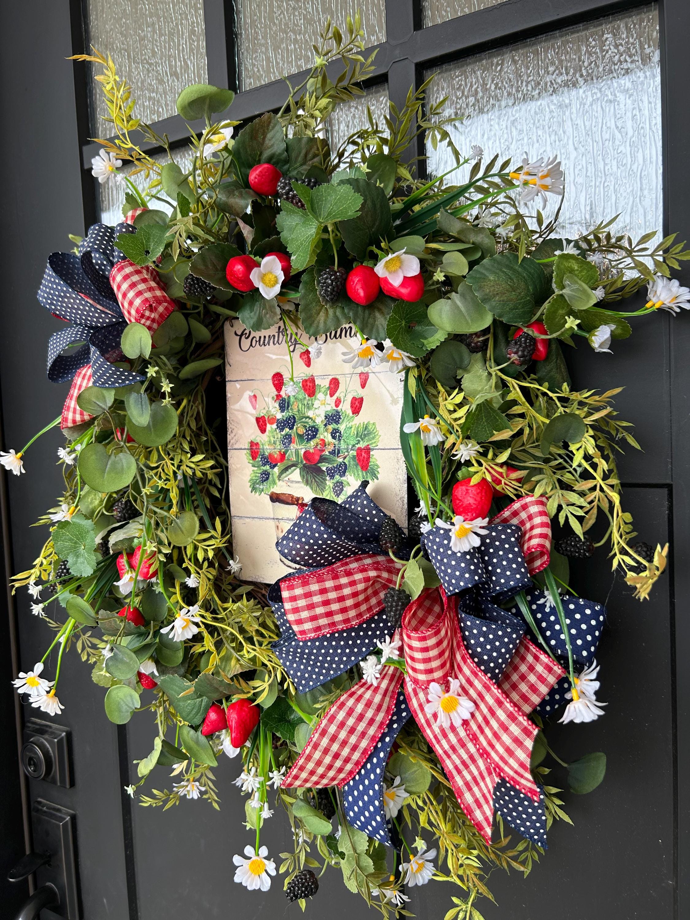 Strawberry Summer Wreath: Patriotic Farmhouse Door Decor, Mixed-berry ...