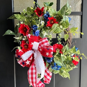 Patriotic Wreath: Red, White & Blue Floral Door Decor, 4th of July Porch Decoration
