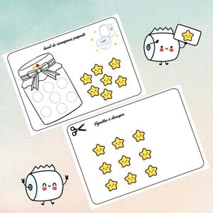 Pode incluir: Duas cartas brancas com contornos pretos e texto. Uma carta tem uma ilustração de jarro com círculos, o texto "bocal de récompense propreté" e ilustrações de estrelas amarelas. A outra carta tem ilustrações de estrelas amarelas e o texto "Vignettes à découper".