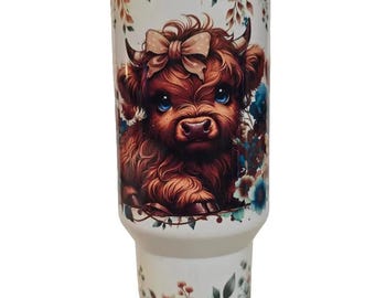 Highland Cow Tumbler, Teal Floral Design, 40oz