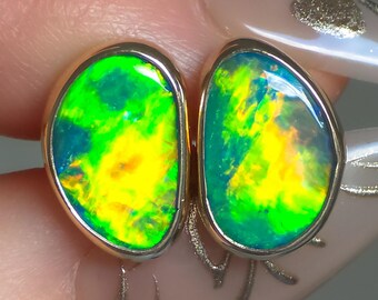 SUN FLASH | 14K Gold Australian Opal Stud Earrings, Coober Pedy Opal Doublet, Threaded Butterfly Posts