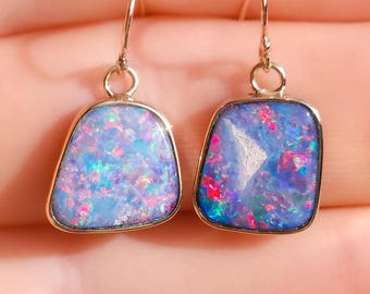 PINK 14K Gold Wrapped Australian Opal Hook Earrings / Rare Australian Opal Doublet / Charm earrings / solid gold