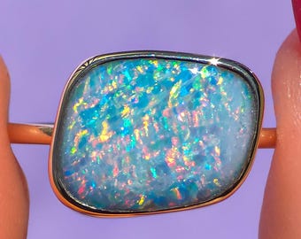 DELILAH | 14K Gold Australian opal doublet ring / Free Sizing / Coober Pedy Opal / solid gold / Rainbow opal /statement ring