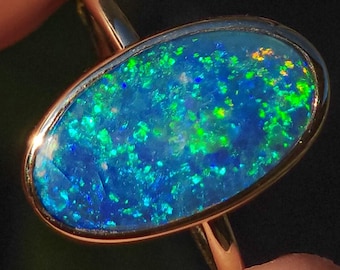 14K Gold Australian opal ring / Free Resize / Coober Pedy crystal opal doublet / statement ring/ solid gold