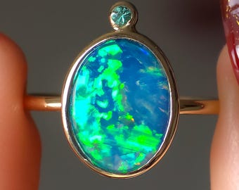 ELYSIUM | 14K Gold Opal doublet Emerald ring / Free Sizing / Australian Coober Pedy Opal / solid gold ring / statement ring