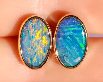 14K Gold Wrapped Australian Opal Stud Earrings, Rare Australian Opal Doublet, Coober Pedy opal / rainbow opal/ gold studs / screw backs