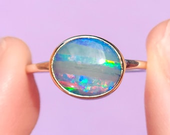 14K Gold and Silver Two-tone Australian opal ring / Size 8 / 925 Silver Band/ 14K Gold bezel / Opalised seashell / Shell fossil opal