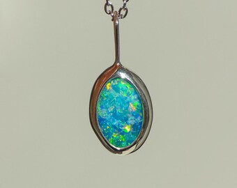 AQUA | Coober Pedy Opal Doublet Pendant, Australian Opal Necklace, 925 Silver