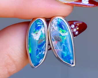 Coober Pedy Opal Doublet Stud Earrings | Solid 925 Silver Bezel, Angel wings