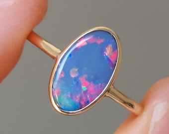 14K Gold Australian opal ring / SIZE 6 / Coober Pedy opal doublet / statement ring/ 14 carat Solid gold