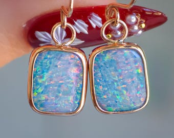 14K Rose Gold Australian Opal doublet earrings / Shepherd's hooks / solid gold / Dainty charms