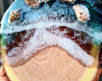 Realistic Australian Beach Resin pour aerial view wave, Seashell beach art, ocean resin art, beach resin, resin on wood B2