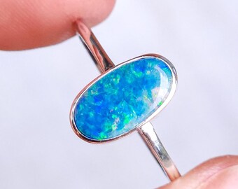 Australian opal doublet ring / SIZE US 7 3/4,  Silver opal ring/ dainty Australian opal ring/ crystal opal ring/ blue green opal gemstone