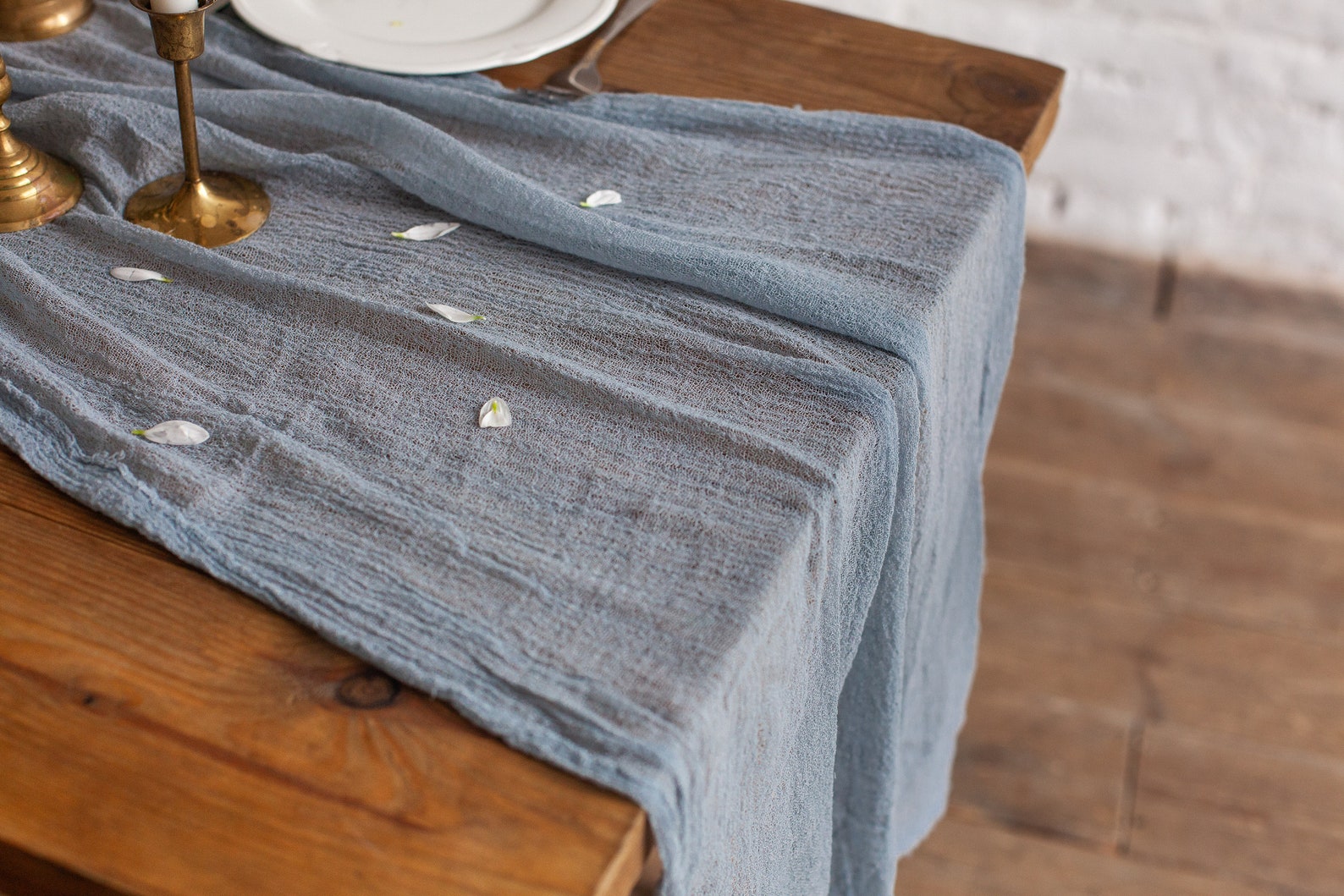 dusty blue cheesecloth table runner