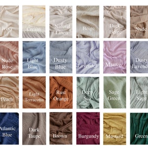 May include: A collection of 36 fabric swatches in various colors and textures, including white, ivory, cream, natural linen, beige, dark beige, nude, bronz, blush, nude rose, light blue, dusty blue, lavender, mauve, dusty lavender, blue grey, champagne, peach, light terracotta, rust orange, deep sea, sage green, light sage, dusty sage, dark grey, atlantic blue, dark taupe, brown, burgundy, mustard, green, and teal green.