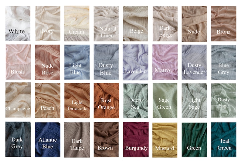 May include: A collection of 36 fabric swatches in various colors and textures, including white, ivory, cream, natural linen, beige, dark beige, nude, bronz, blush, nude rose, light blue, dusty blue, lavender, mauve, dusty lavender, blue grey, champagne, peach, light terracotta, rust orange, deep sea, sage green, light sage, dusty sage, dark grey, atlantic blue, dark taupe, brown, burgundy, mustard, green, and teal green.