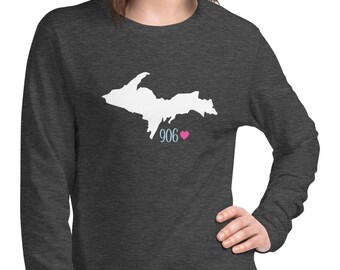 906 UP Michigan Long Sleeve Shirt | Upper Peninsula MI Shirt, Yooper Apparel, UP Michigan Gift, Michigan Fall Shirt, 906 Gift for Women