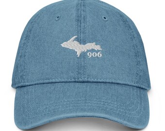 Yooper Michigan 906 Denim Hat | Upper Peninsula MI Yooper Baseball Cap | Michigan Cap, 906 Hat, Michigan State Yooper Clothing Gifts