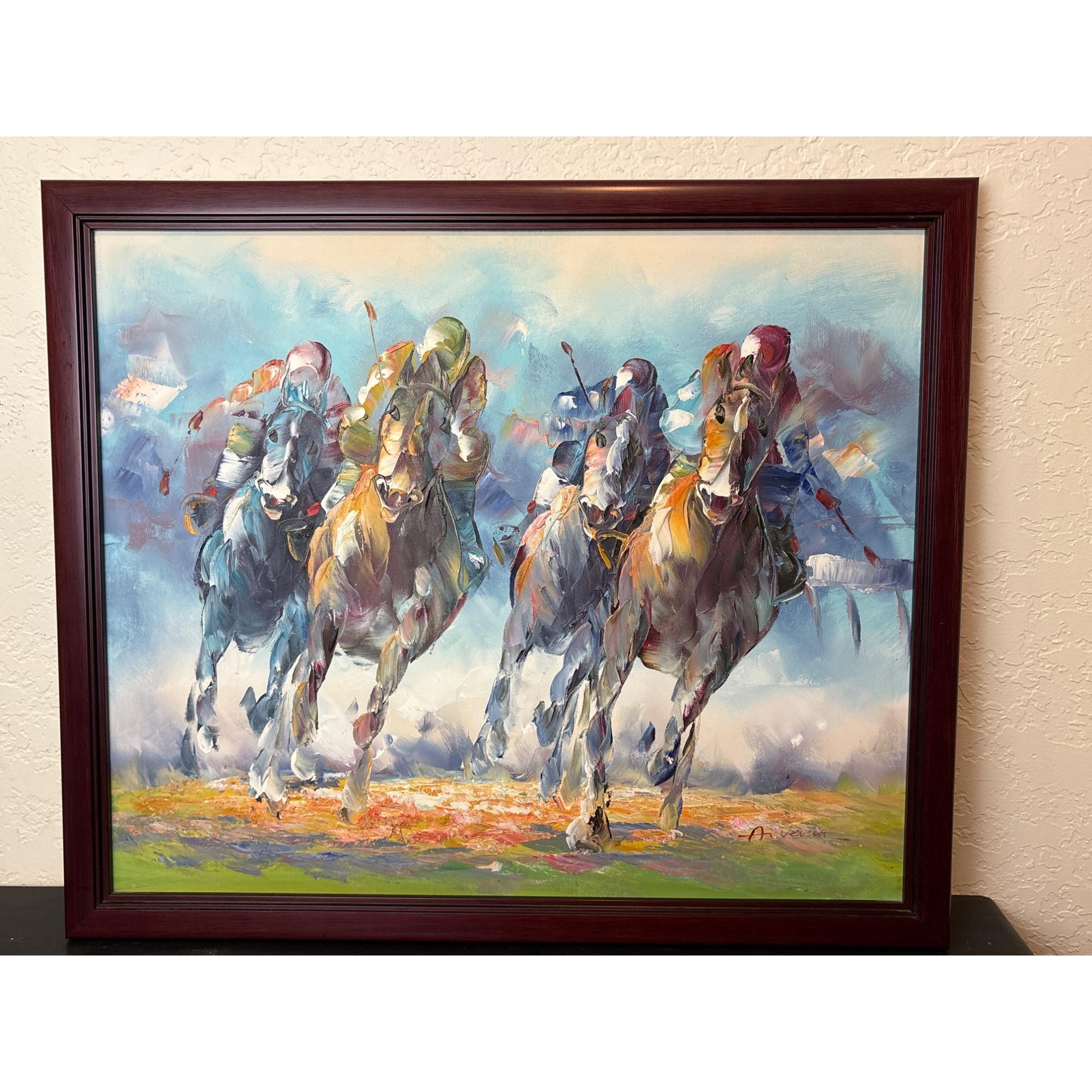 Vintage Signed Oil Painting of Horse Race by Anthony Veccio Framed