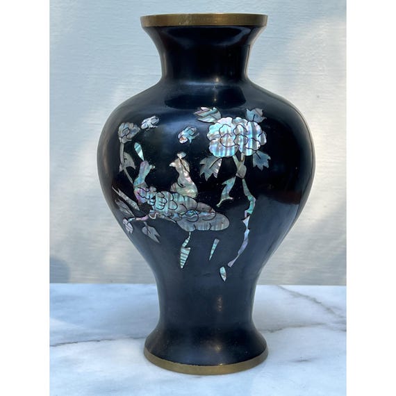 Vintage Korean Inlaid Mother of Pearl Black Metal Vase