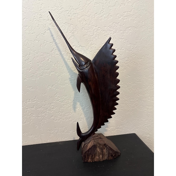 Vintage Hand-carved Ironwood Swordfish Sculpture With Detailed