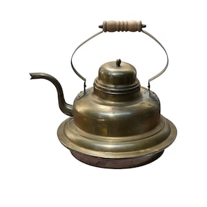 Vintage Large Brass Tea Kettle With Wooden Handle & Spout