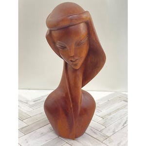 Vintage MCM 12&quot; Hand-Carved Wooden Abstract Woman Bust Sculpture