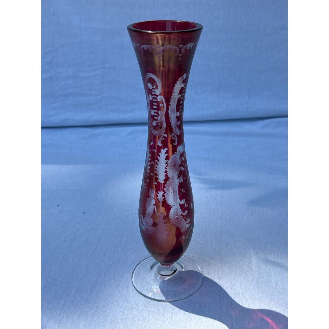 Bohemian Red Ruby Cranberry Cut to Clear Crystal Glass Vase 9 5/8