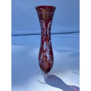 Bohemian Red Ruby Cranberry Cut To Clear Crystal Glass Vase 9 5/8” H