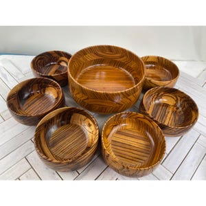 Vintage Salad Bowl Set Of 7 Handcrafted Zebrawood Bowls By Kermit Anderson