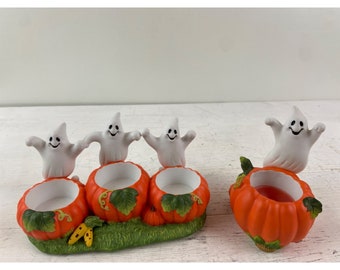 Ghost Trio Tealight Holder &, Halloween Ghost w Pumpkins Votive Hold Decoration