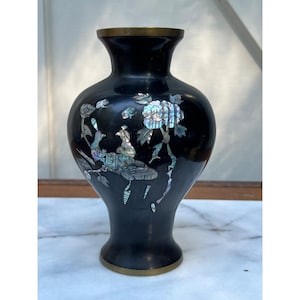 Vintage koreaans ingelegde zwarte metalen vaas met parelmoer - uniek en voortreffelijk