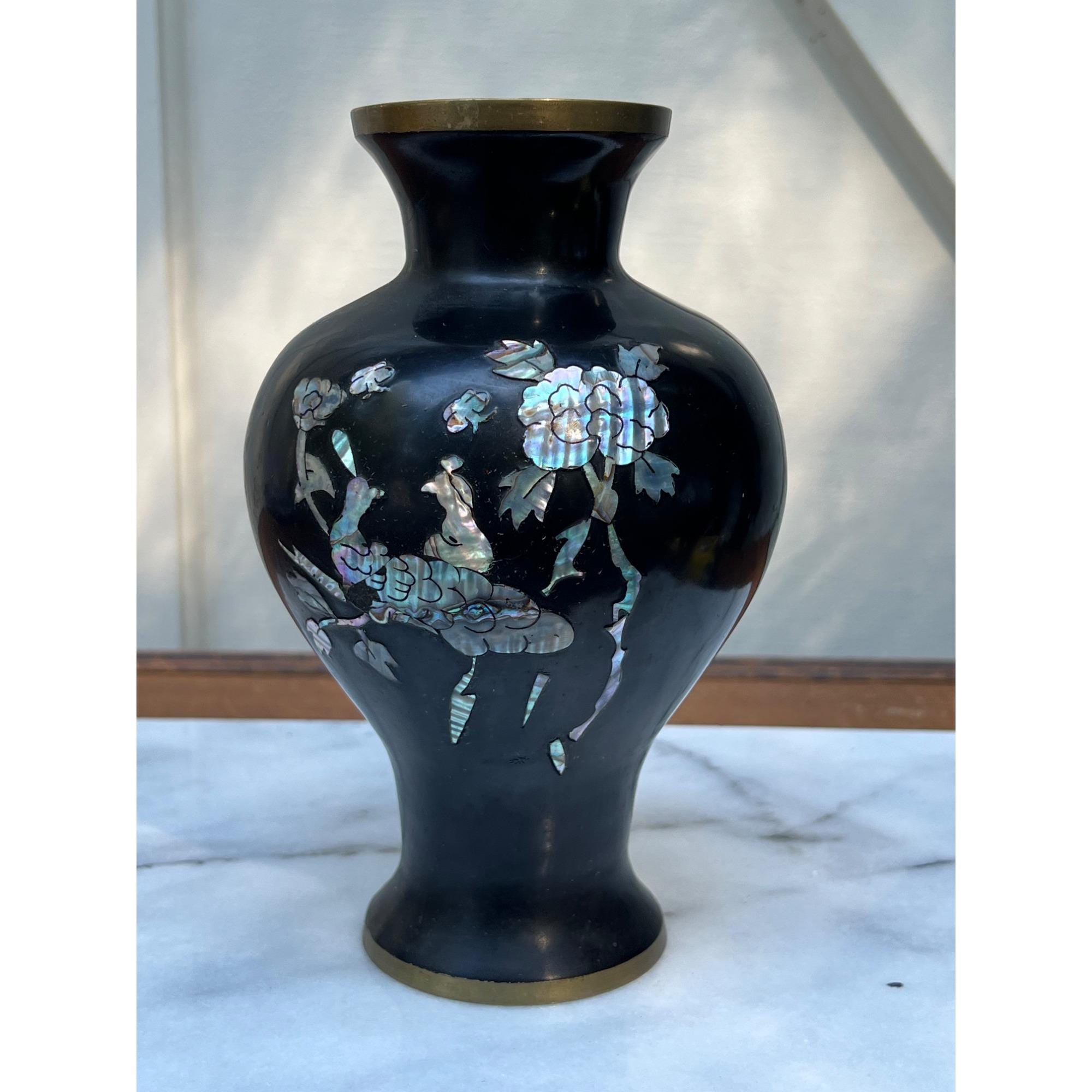 Vintage Korean Inlaid Mother of Pearl Black Metal Vase