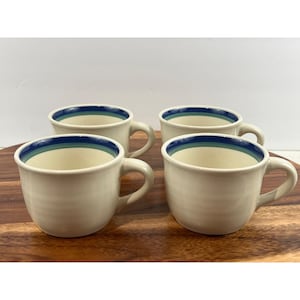 Set of 4 Vintage Pfaltzgraff Coffee Cups with Blue and Green Bands