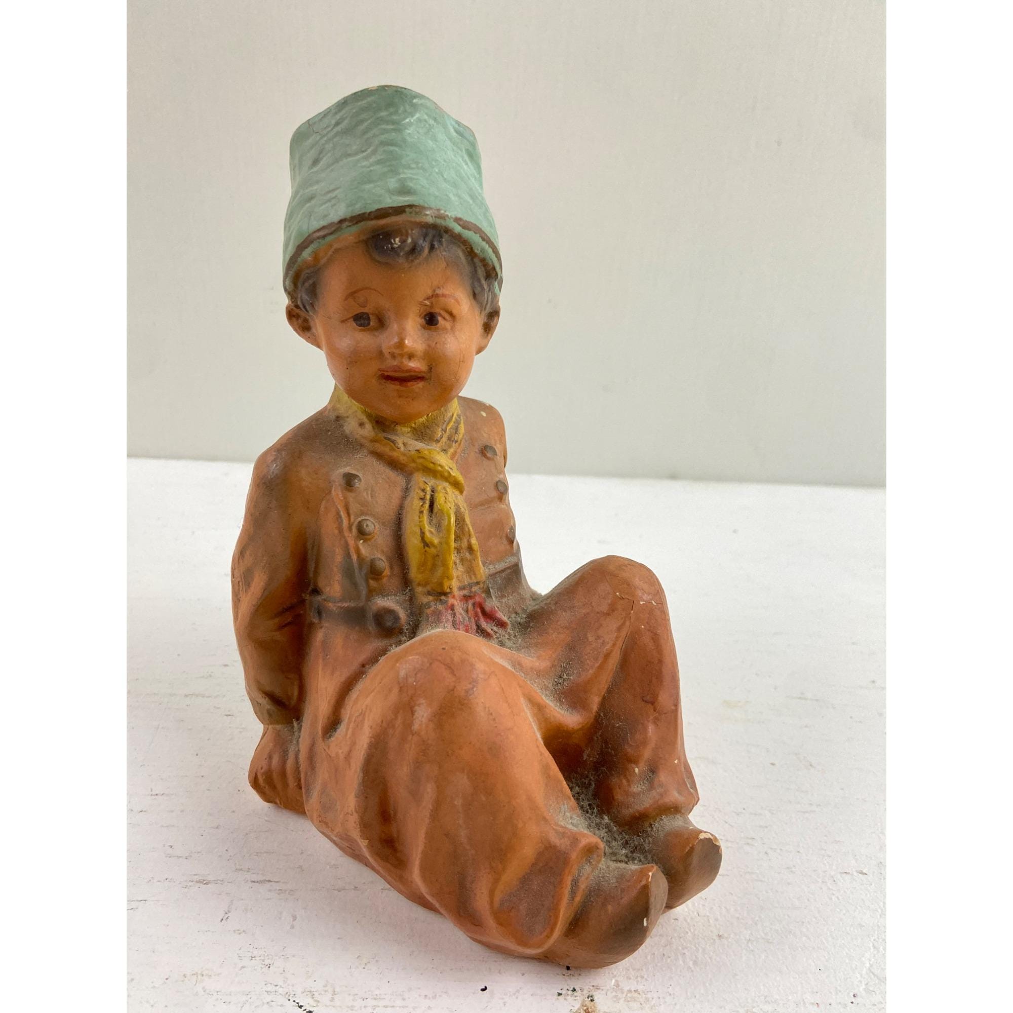 Mid Century Chalkware Dutch Boy Figurine With Green Hat & Yellow