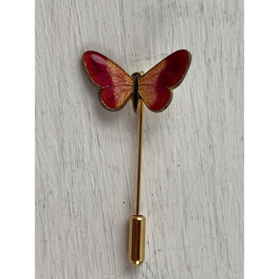 Vintage Red Butterfly Enamel Brooch Stick Pin - image 1