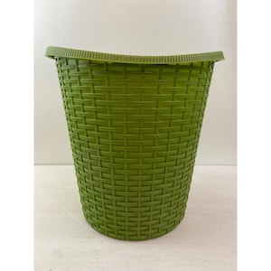Vintage Mid Century Modern Fesco Avocado Green Faux Wicker Woven Waste Basket