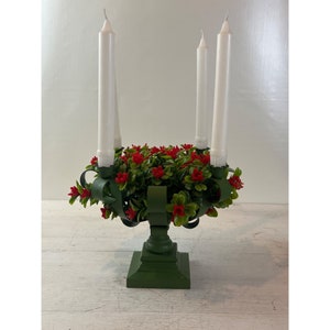 Vintage Green Metal Candle Holder With Faux Flowers, 4 Arm Taper Candelabra
