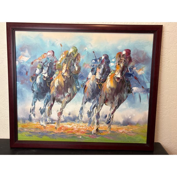 Vintage Signed Oil Painting of Horse Race by Anthony Veccio Framed