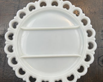 Vintage Milk Glass Round Lace Heart Edge, Divided Serving Platter