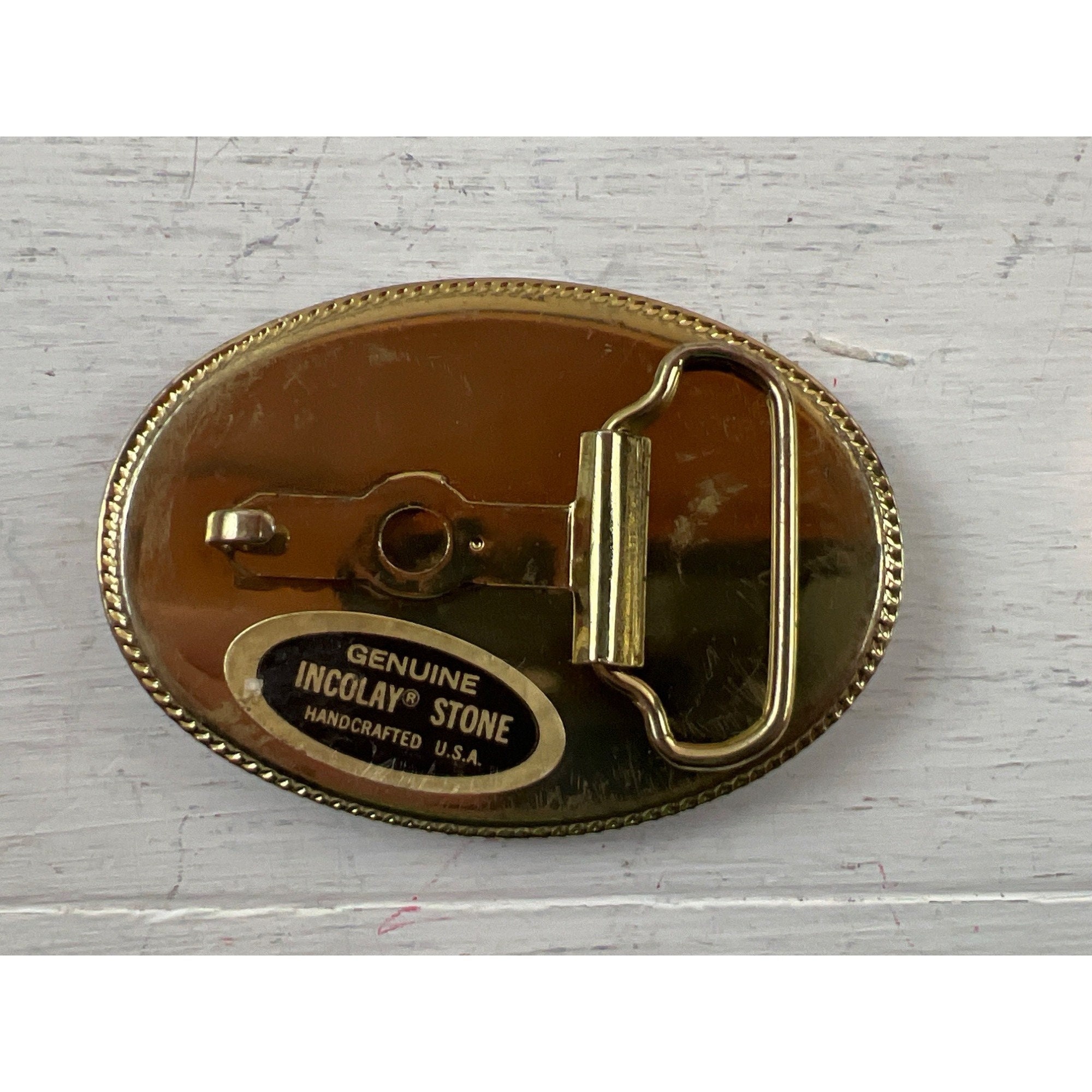 Vintage Incolay Studios USA 1976 Brass Stone Horse Belt Buckle Vintage VINTAGE Incolay Studios Brass Belt Buckle Multi  main image 3