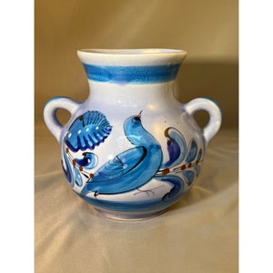 Vintage Hand Painted Two Handled Bluebird and Butterfly Vase, Tonala Pottery, Mexico