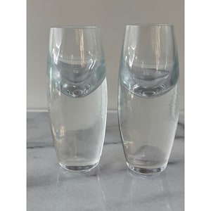 May include: Two clear glass shot glasses with a unique design. Each glass has a rounded base and a curved, indented top section. The glasses are transparent, allowing light to pass through, and are set against a light background.