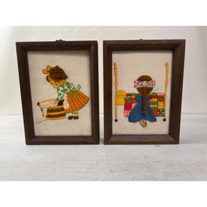Vintage Pair Of Wooden Framed Embroidery Wall Hangings