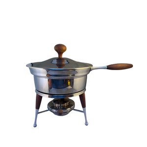 Vintage MCM Stainless Steel Chafing Dish W Wooden Handles - EUC