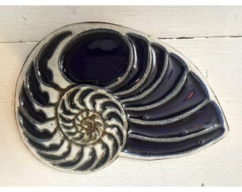 Vintage Cobalt Blue Ceramic Nautilus Shell Trivet - Coastal Decor Hot Plate & Wall Hanging - Large 8.5" Sea Shell Pottery with Cork Back