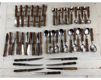 Vintage 55 Piece Bennington Forge Stainless Steel Cutlery With Wood Handles