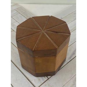 Vintage Wooden Octagonal Trinket Box With Carved Lid & Natural Finish