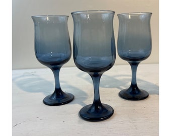 Vintage Libbey Tulip Dusky Blue Water Goblet Set Vintage 6.5", Set of 3 Glasses