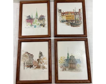 Láminas vintage de paisajes urbanos de Copenhague en acuarela – Juego de 4 láminas enmarcadas